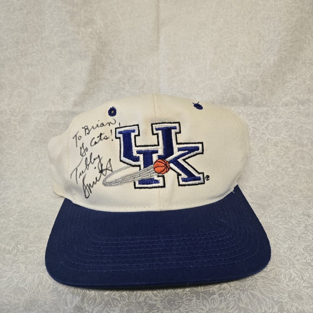 Blue and White UK Logo Cap Signed By Tubby Smith